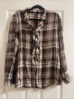 Chico's Plaid Ruffle Front Button-Down Shirt in Brown, Cream, Black